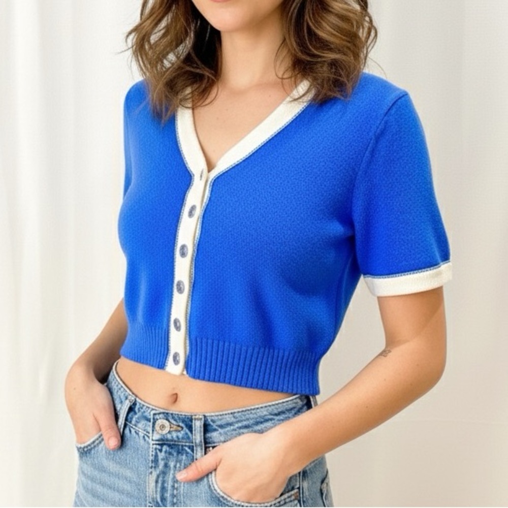 St. John Sport Blue Cropped Short Sleeve Wool Blend Cardigan Size P (US S)